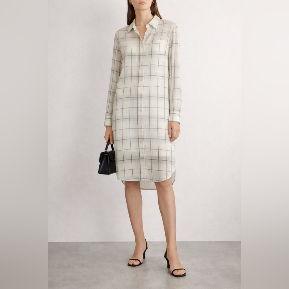 Samsoe Samsoe Molly Shirt Dress Size S Dove Plaid Button Front Midi Minimalist